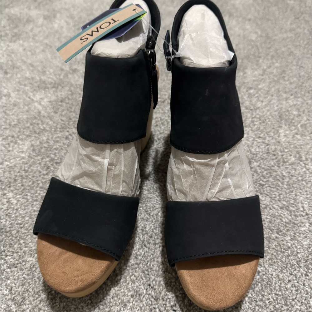 Toms Black and Tan Wedge Sandals with Cork Heel